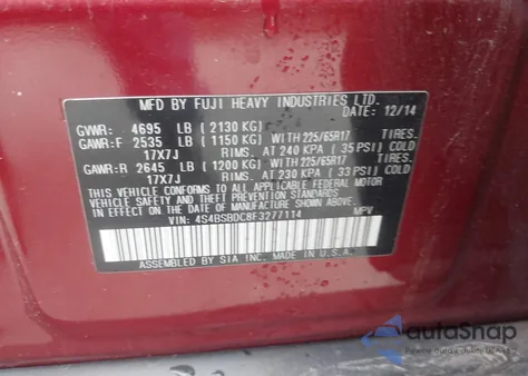 2015 Subaru Outback 2.5I Premium z USA, uszkodzony, nr VIN 4S4BSBDC8F3277114